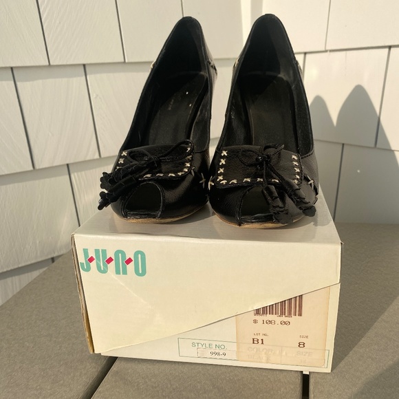 Juno New York loafer block heels peep toe black cream 8 - Picture 8 of 12